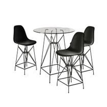 Jogo Mesa Bistrô Eames Eiffel Vidro 60cm 3 Banquetas Preta Base Ferro Preto