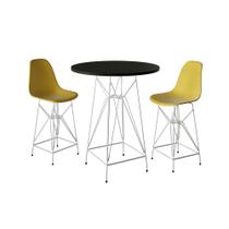 Jogo Mesa Bistrô Eames Preta 60cm 2 Banquetas Amarela Base Ferro Branco