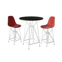 Jogo Mesa Bistrô Eames Preta 60Cm 2 Banquetas Vermelha Base Ferro Branco - Cor: Preto
