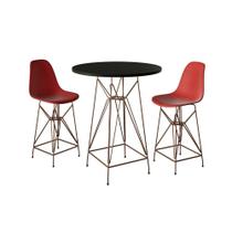 Jogo Mesa Bistrô Eames Preta 60Cm 2 Banquetas Vermelha Base Ferro Cobre - Cor: Preto