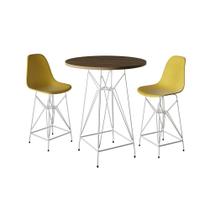 Jogo Mesa Bistrô Eames Tampo Amêndoa 60Cm 2 Banquetas Amarela Base Ferro Branco - Cor: Amendoa