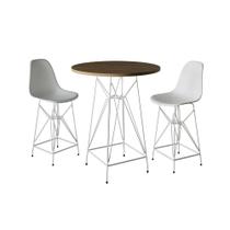 Jogo Mesa Bistrô Eames Tampo Amêndoa 60Cm 2 Banquetas Branca Base Ferro Branco - Cor: Amendoa