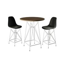Jogo Mesa Bistrô Eames Tampo Amêndoa 60Cm 2 Banquetas Preta Base Ferro Branco - Cor: Amendoa