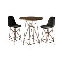Jogo Mesa Bistrô Eames Tampo Amêndoa 60Cm 2 Banquetas Preta Base Ferro Cobre - Cor: Amendoa