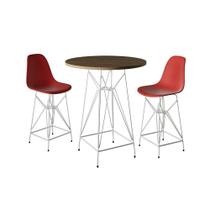 Jogo Mesa Bistrô Eames Tampo Amêndoa 60Cm 2 Banquetas Vermelha Base Ferro Branco - Cor: Amendoa