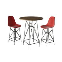 Jogo Mesa Bistrô Eames Tampo Amêndoa 60cm 2 Banquetas Vermelha Base Ferro Preto