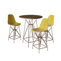 Jogo Mesa Bistrô Eames Tampo Amêndoa 60cm 3 Banquetas Amarela Base Ferro Cobre