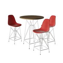 Jogo Mesa Bistrô Eames Tampo Amêndoa 60cm 3 Banquetas Vermelha Base Ferro Branco