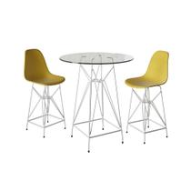 Jogo Mesa Bistrô Eames Vidro 60Cm 2 Banquetas Amarela Base Ferro Branco - Cor: Branco