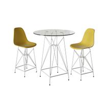 Jogo Mesa Bistrô Eames Vidro 60cm 2 Banquetas Amarela Base Ferro Branco Jogo Mesa Bistrô Eames Vidro 60cm 2 Banquetas Amarela Base Ferro Branco