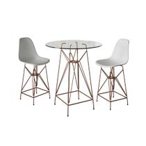 Jogo Mesa Bistrô Eames Vidro 60cm 2 Banquetas Branca Base Ferro Cobre