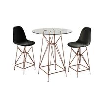 Jogo Mesa Bistrô Eames Vidro 60cm 2 Banquetas Preta Base Ferro Cobre