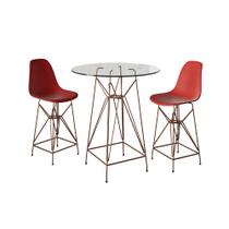 Jogo Mesa Bistrô Eames Vidro 60cm 2 Banquetas Vermelha Base Ferro Cobre