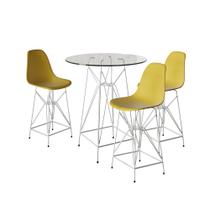 Jogo Mesa Bistrô Eames Vidro 60cm 3 Banquetas Amarela Base Ferro Branco