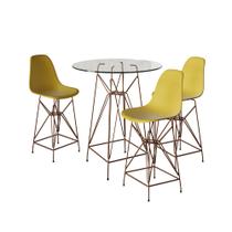 Jogo Mesa Bistrô Eames Vidro 60cm 3 Banquetas Amarela Base Ferro Cobre Jogo Mesa Bistrô Eames Vidro 60cm 3 Banquetas Amarela Base Ferro Cobre