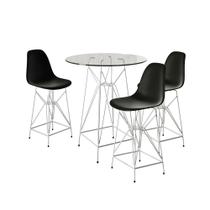 Jogo Mesa Bistrô Eames Vidro 60cm 3 Banquetas Preta Base Ferro Branco