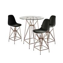 Jogo Mesa Bistrô Eames Vidro 60Cm 3 Banquetas Preta Base Ferro Cobre - Cor: Branco