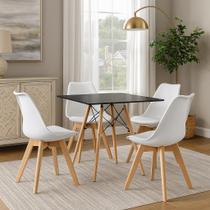 Jogo Mesa De Jantar Sala Cozinha Quadrada EIffel 80cm MDF Preta com 4 Cadeiras Leda Wood Estofadas Branca