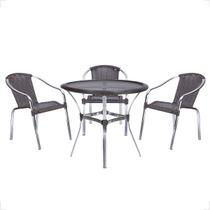Jogo Mesa Fortaleza tampo tramado 85cm e 3 cadeiras de area Maresia, aluminio polido e Fibra