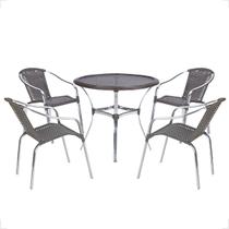 Jogo Mesa Fortaleza tampo tramado 85cm e 4 cadeiras de area Maresia, aluminio polido e Fibra