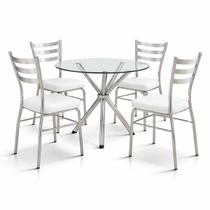 Jogo Mesa Jantar Pé Palito Cromada + 4 Cadeiras Reforço Assento Grosso Branco Vidro 90cm
