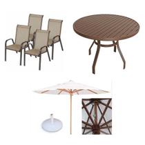 Jogo Mesa Ripada 1,10m E 4 Cadeiras De Alumínio + Guarda Sol