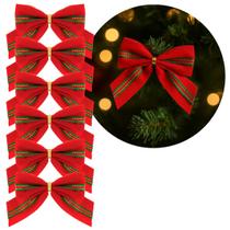 Jogo Mini Laços Natalinos Veludo Vermelho e Verde com Dourado 6 Unidades