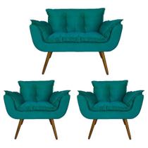 Jogo Namoradeira e 2 Poltronas Estofadas Sala de Visitas Opala Suede Azul Turquesa - LM DECOR