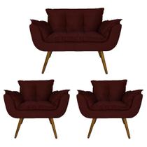 Jogo Namoradeira e 2 Poltronas Estofadas Sala de Visitas Opala Suede Vermelho Bordo - LM DECOR