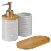 Jogo P/banheiro De Porcelana Preto/branco C/suporte De Bambu Inova Premium 3 Pcs Fwb