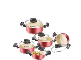 Jogo Panela 5 Peças Remaza Tampa de Vidro Grossa Teflon Vermelha Cereja