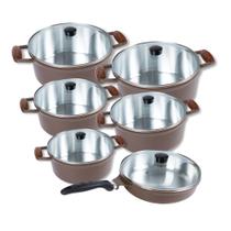 Jogo Panela Alumínio 6 Pçs Cozinha 16 À 24cm+frigideira 24cm Alça Madeira Chocolate