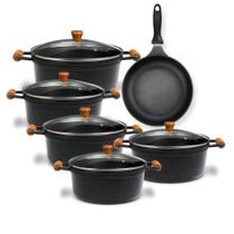 Jogo Panela Antiaderente 6 Pçs Cozinha 16 À 24cm Com Tampa +frigideira 24cm Sem Tampa Alumínio Fundido Preto Pigmento Branco