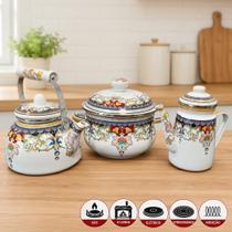 Jogo Panela Caçarola Bule Chaleira Esmaltada Indiana Kit 3pç
