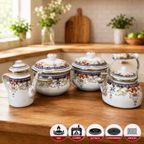 Jogo Panela Caçarola Bule Chaleira Indiana Esmaltada Kit 4pç