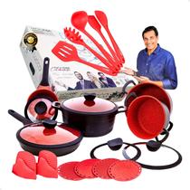 Jogo Panela Ceramica Antiaderente Grossa Moncoc DLucca Luciano Zsafir 21pç Preto e Vermelho Premium Kit Utensilios Silicone