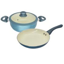 Jogo Panela e Frigideira Cerâmica Antiaderente Indução Tampa Silicone Fogão 2 Peças