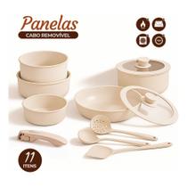 Jogo Panelas 11 Pçs Antiaderente Cabo Removível Tampa Vidro 3 Colheres De Silicone