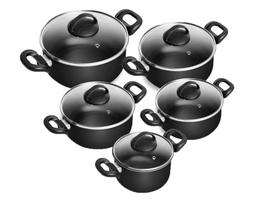 Jogo Panelas 5 Pçs Milão Antiaderente Preto C/ Tampa Vidro