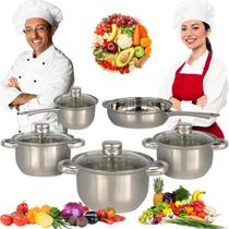 Jogo panelas 5 peças inox Tampa vidro Utensílios de Cozinha moderna Conjunto resistente 16cm a 25cm