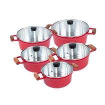 Jogo Panelas 5pç Cava Alumínio Batido Fundido Tampa de Vidro Cor Vermelho