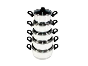 Jogo Panelas Alumínio Branco Tampa De Vidro 5 Peças Jogo Panelas Alumínio Branco Tampa De Vidro 5 Peças