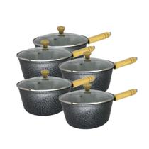 Jogo Panelas Alumínio Craqueado Cabo de Madeira Tampa Vidro