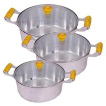 Jogo Panelas Alumínio Polido Tampa Vidro 26, 28, 30 cm Jogo Panelas Alumínio Polido Tampa Vidro 26, 28, 30 cm