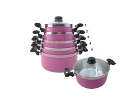 Jogo Panelas Alumínio Rosa Tampa de Vidro - 5 Peças