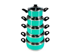 Jogo Panelas Alumínio Verde Água Tampa De Vidro 5 Peças