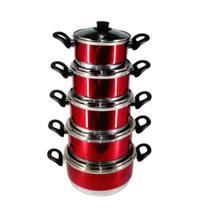 Jogo Panelas Alumínio Vermelho Tampa de Vidro 5 Peças