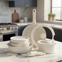 Jogo Panelas Antiaderente Cabo Removível e Acessórios 15 Peças para Fogão Indução e Normal Forno Branco Gelo