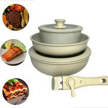 Jogo Panelas Antiaderente Off White Cabo Removível Com Fundo Triplo e Revestimento Mármore 6 Peças