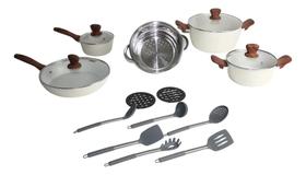 Jogo Panelas Ceramica Cabo Madeira 18pcs Cinza Nakasaki